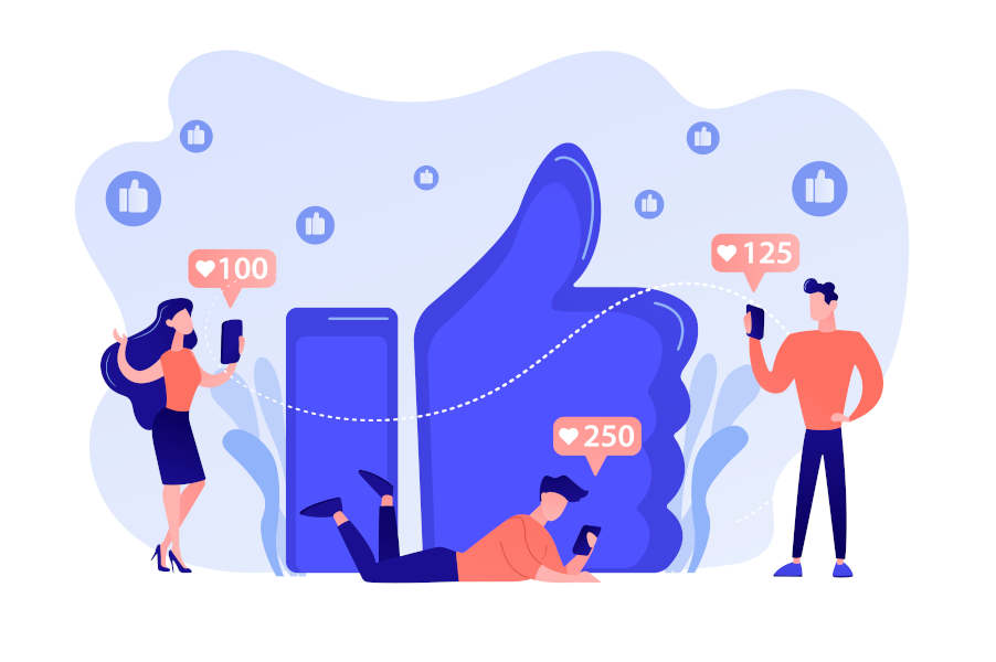Large blue Facebook like button with three figures holding smartphones and liking images from small businesses on Facebook with a thumbs-up icon to represent Facebook and social media marketing.