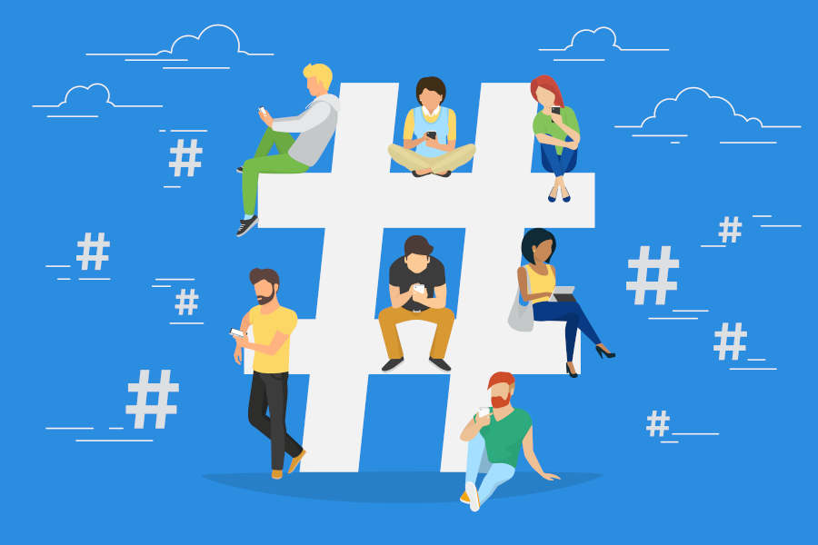 Hashtag image illustration with young individuals using mobile phones to browse through social media hashtags for businesses in central Illinois.