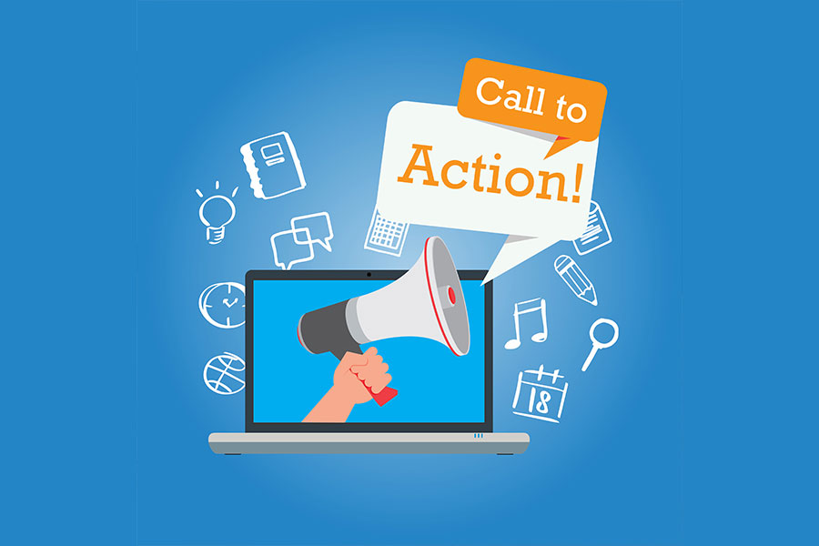 A digitized image of a laptop with a hand and speaker coming through and the words call to action to symbolize a website design strategy for small businesses in Quincy, IL.